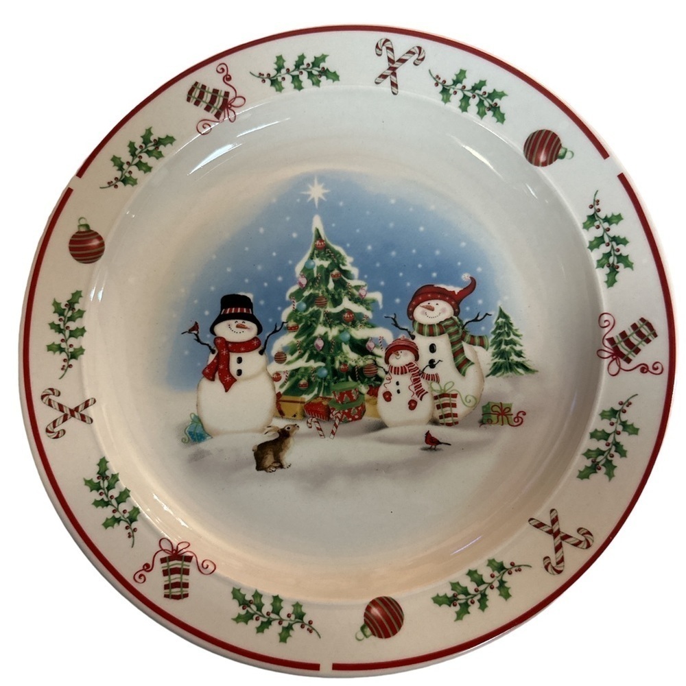 Christmas Snowman Themed Stoneware Individual Plate Red Band Holly EUC